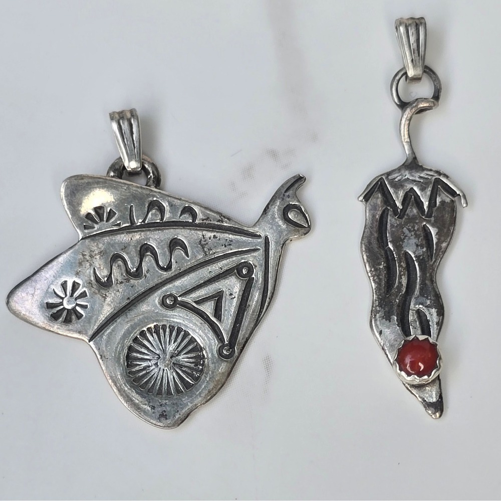 Vintage AJM Sterling 925 Butterfly Chili Pepper Pendants Red Stone Signed Set